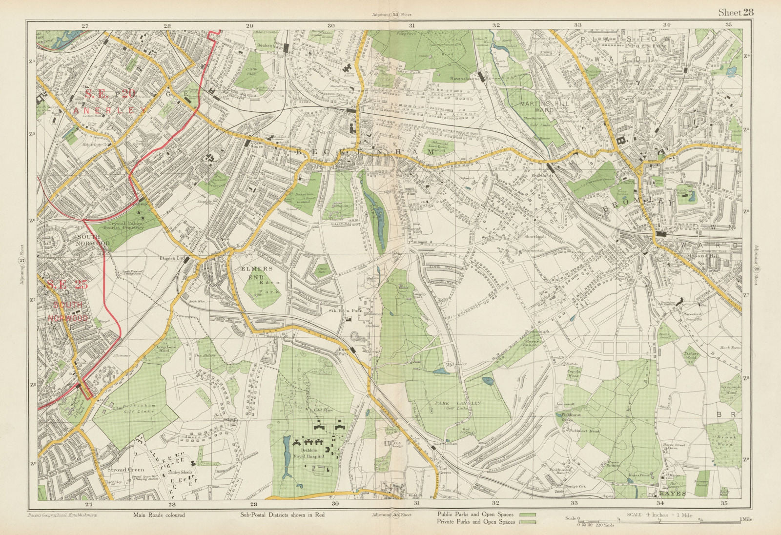 BECKENHAM Bromley Penge South Norwood West Wickham Anerley. BACON 1934 old map